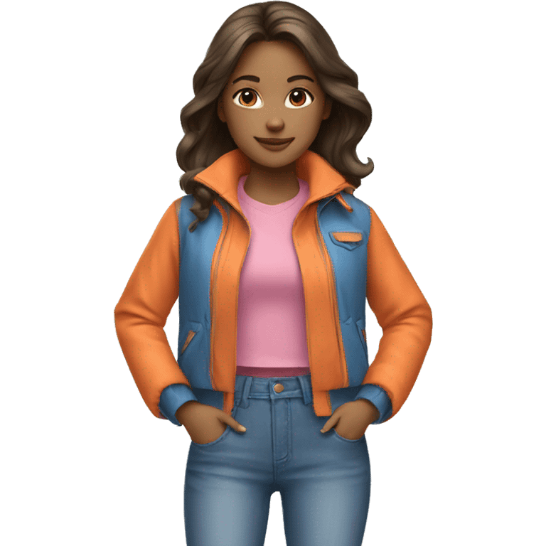 A girl wearing blue orange jacket with pink jeans emoji