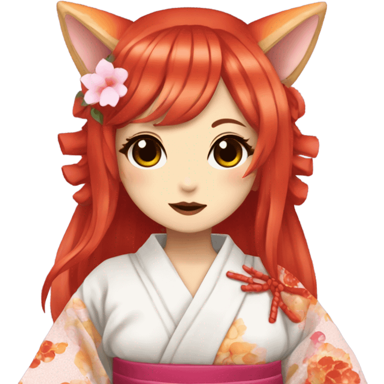 hime gyaru girl, kimono, red hair, kitsune mask emoji