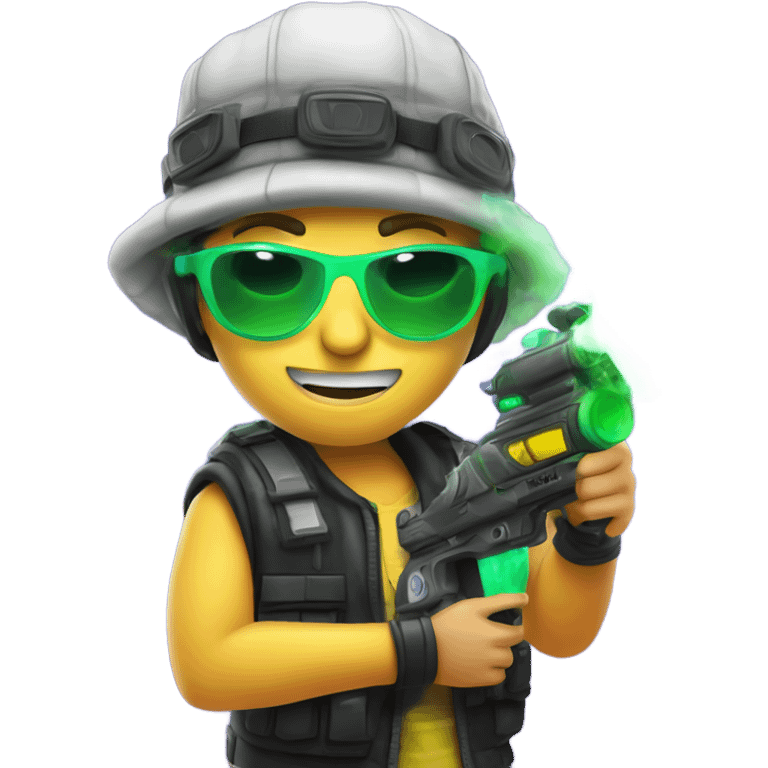 Caucasian boy in glowing rave gear with sunglasses and mask and hat and headlamp and shooting a bubble gun emoji