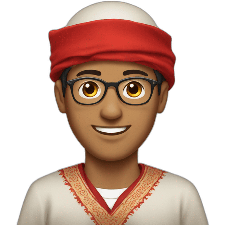 Creating an image of a Moroccan young man wearing glasses, traditional Moroccan attire (djellaba), and a red Moroccan fez on his head. emoji