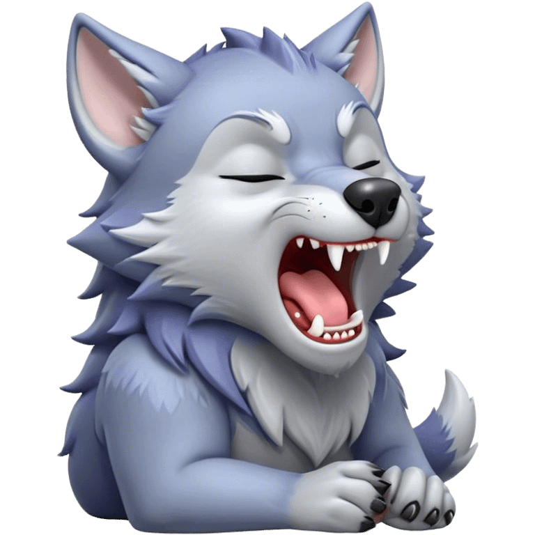 Cinematic Cute Yawning Werewolf Portrait Emoji, with a cuddly, miniature lupine form in soft moonlit grays and silvers, head leaning back in a big, adorable yawn that reveals a few fuzzy teeth, simplified yet irresistibly charming, highly detailed with a soft glowing outline that captures the drowsy, playful essence of a werewolf mid-nap! emoji