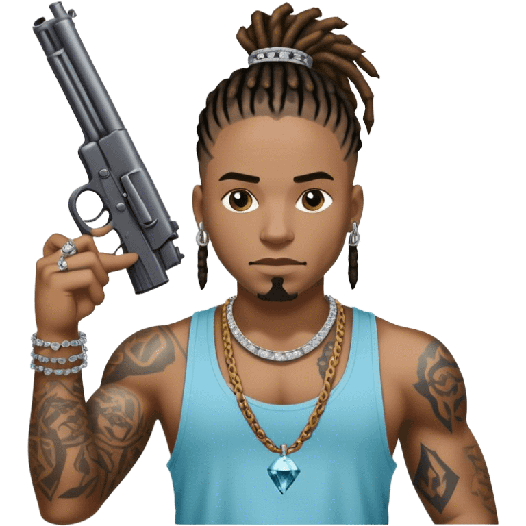 african-american race pig with dreads looking gangster with gun and tank top, with diamond blinging chain, with tattoos emoji