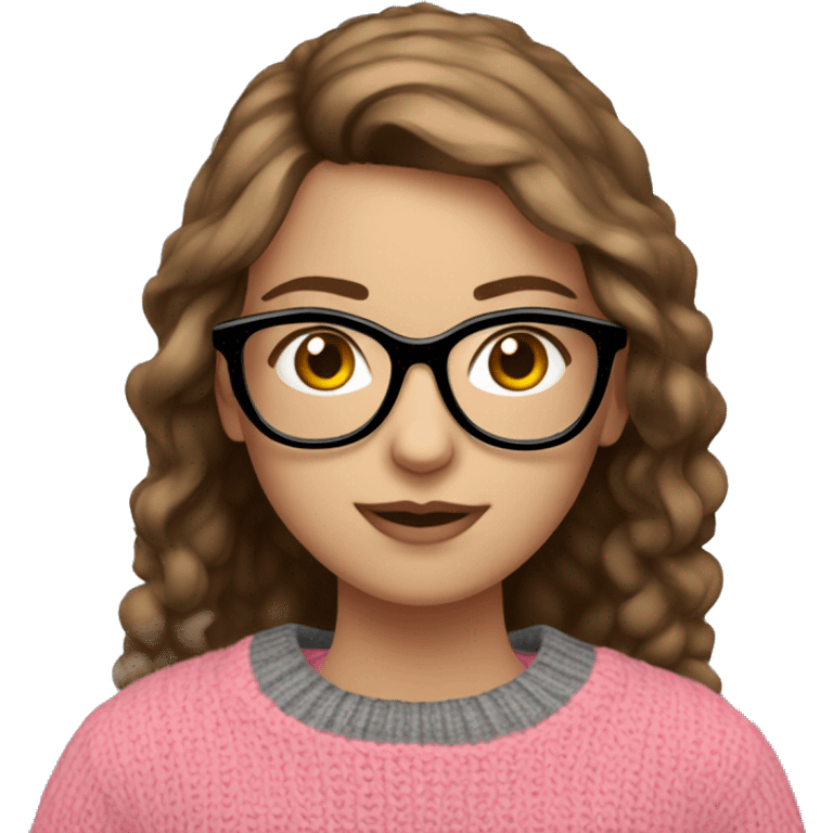 Russian Girl with brown hair and black glasses frame and pink sweater is working behind laptop emoji