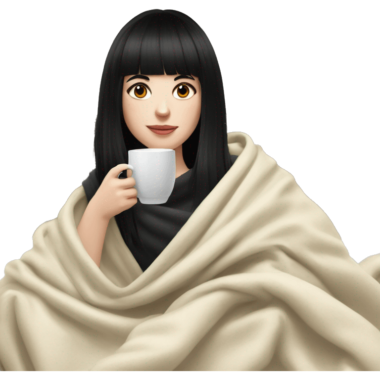 Portrait Girl pale skin with black hair and bangs drinking tea  with a blanket around her  emoji