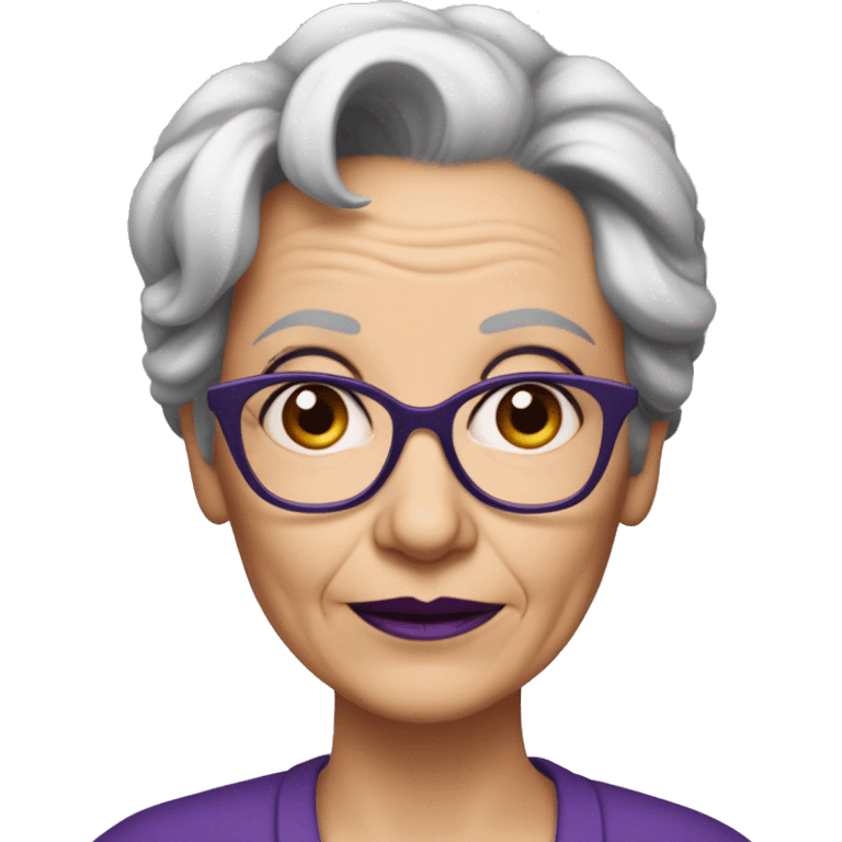 Older woman with wrinkles on the face, dark blue rectangular spectacles an darker eyebrows, purple lips and slightlyshorter hair emoji