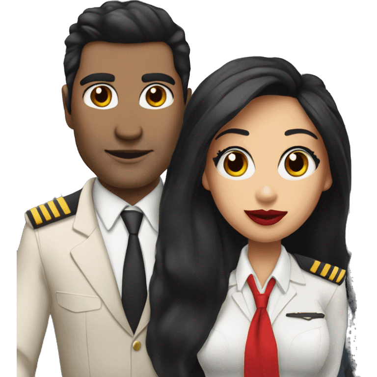 Flight attendant with long black hair, red lips and white skin with a pilot man with beige skin and black hair emoji