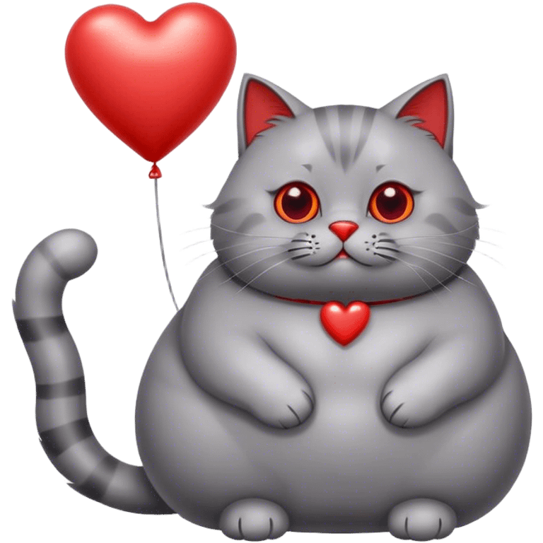 gray fat British cat and red heart metallic baloon emoji