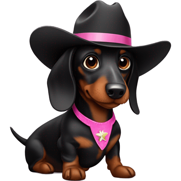 Black dachshund with pink cowboy hat emoji