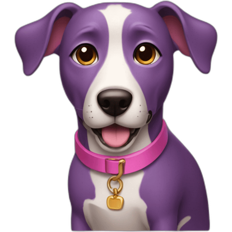 a purple dog with a brown nose and a pink collar with a bone emoji