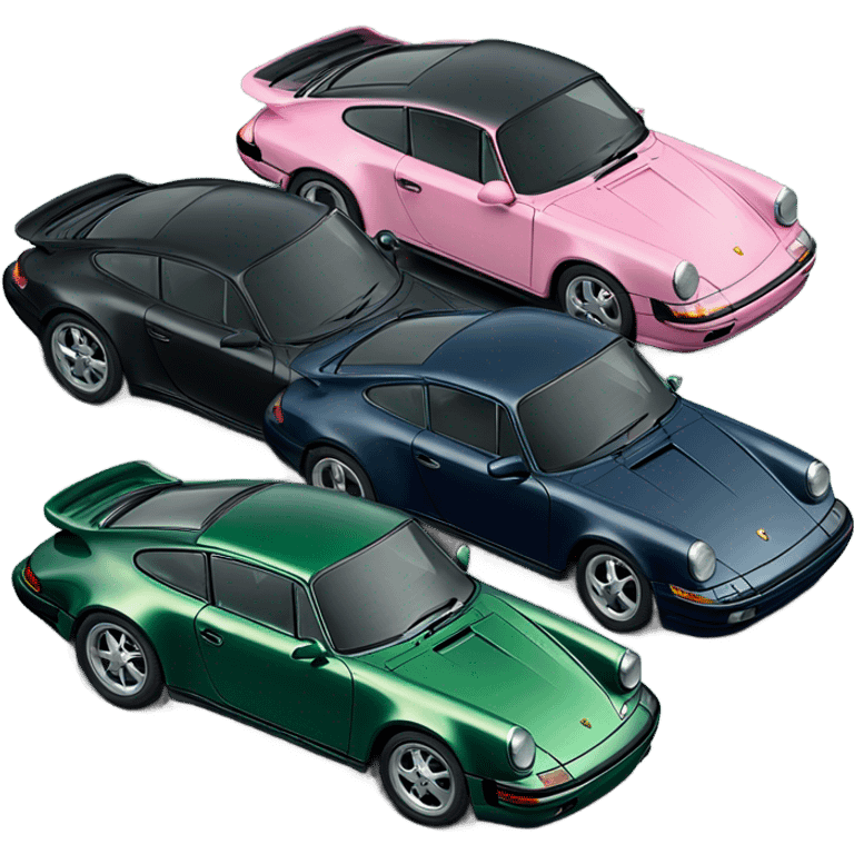 a black,dark green, 2 navy blue, light pink, another dark green Porsche 911s lined up next to each other - in total 6 cars emoji