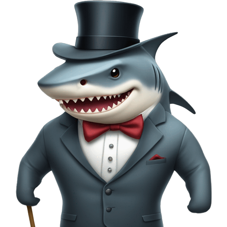 Bull shark standing up wearing 3 piece suit with top hat and cane emoji