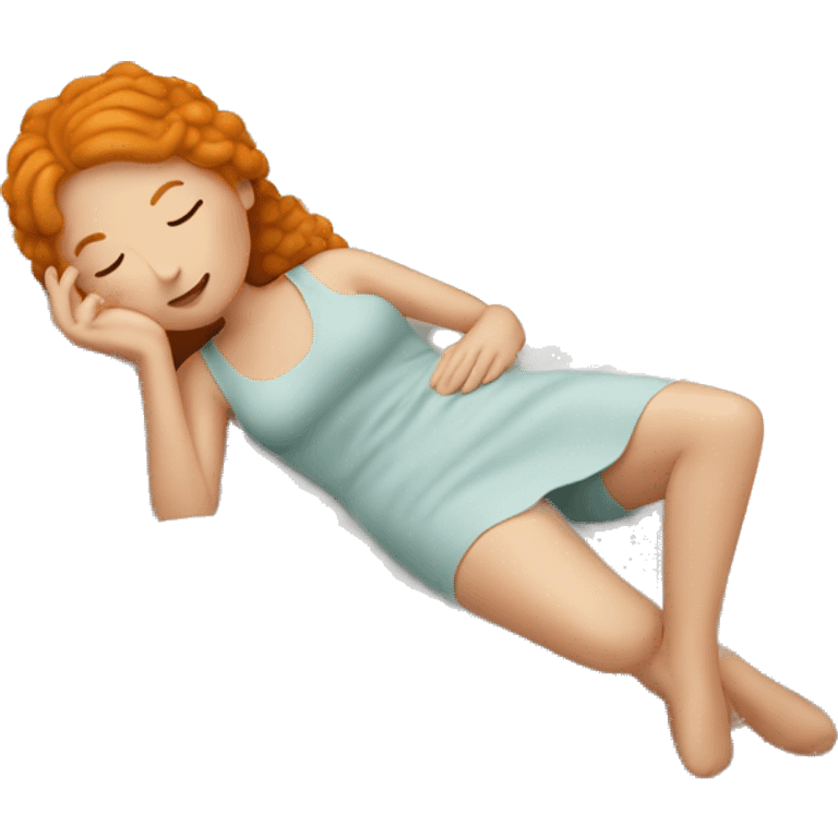 Ginger woman laying with teddy bear in bed emoji