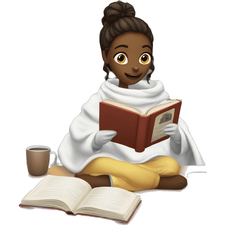 Science textbooks and girl reading them she is wearing a blanket and holding coffee while reading the science textbook emoji