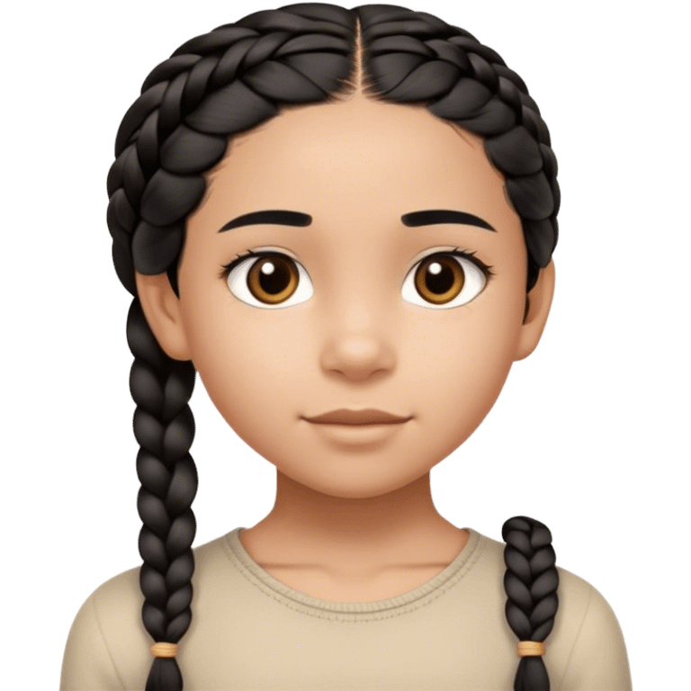 A thin 10-year-old mixed-race girl with straight black hair braided into a single plait over her shoulder and dark brown eyes emoji