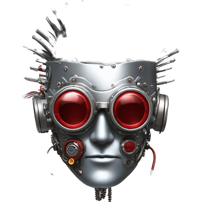 Silver mohawk cyborg head with red steampunk goggles, goatee and circuits emoji