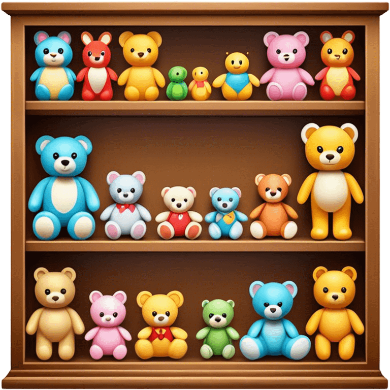 Icon for Toy Collecting: a collection of various vintage toys such as dolls, action figures, and plush animals, displayed neatly on shelves or in display cases. The icon should evoke the joy and nostalgia of collecting toys. Transparent background. emoji