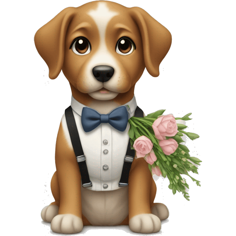 a puppy in suspenders holding a bouquet emoji