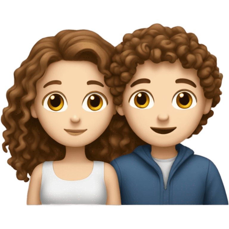 white girl with brown long curly hair and white boy with brown short curly hair hugging emoji