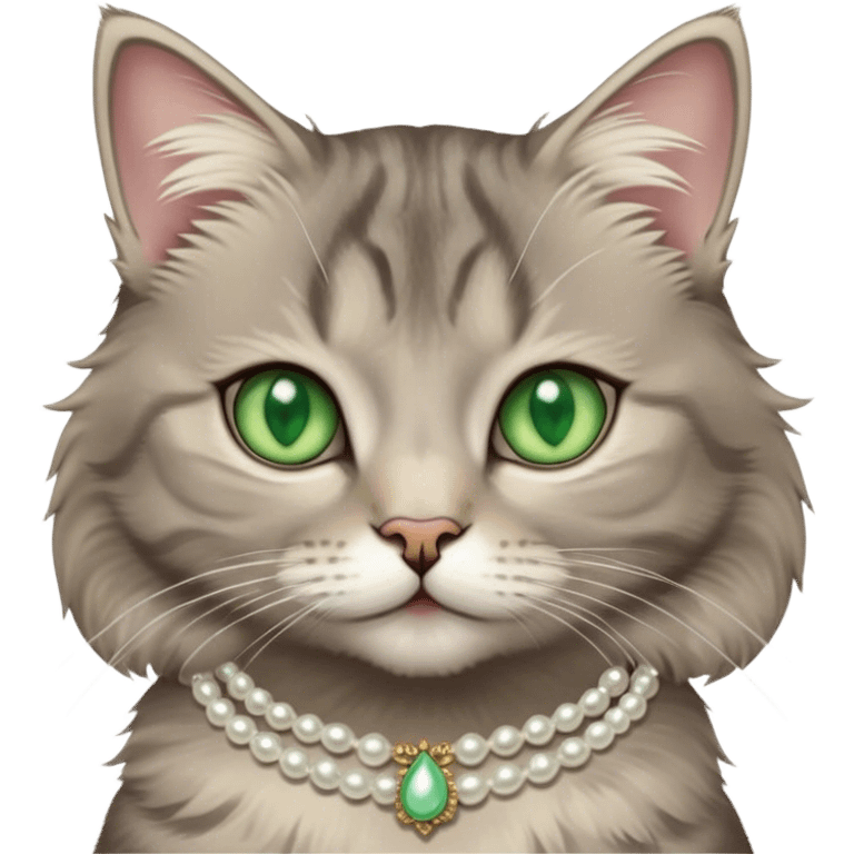 fluffy grey tabby cat with green eyes, white tummy, and a pearl necklace  emoji