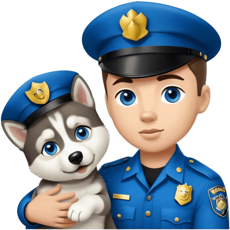 Siberian husky with baby blue eyes with a young black male cop emoji