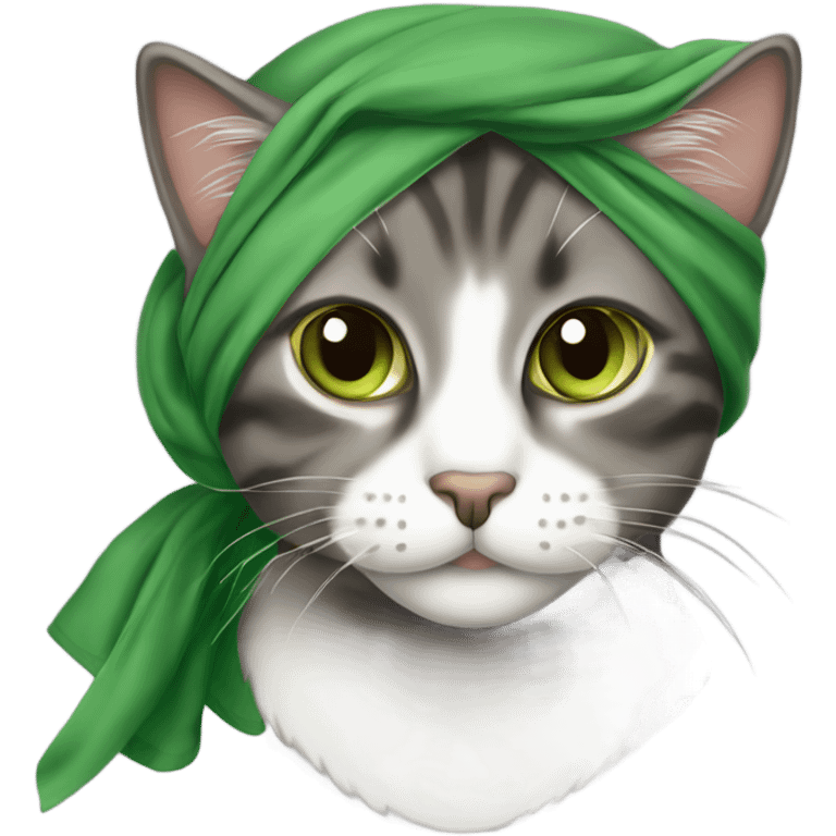 Dark grey brown tabby cat with green eyes wearing a head scarf emoji