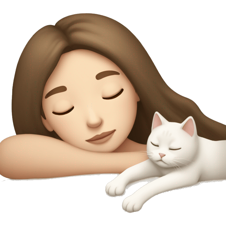 Pretty brown hair girl sleeping with her light beige cat emoji