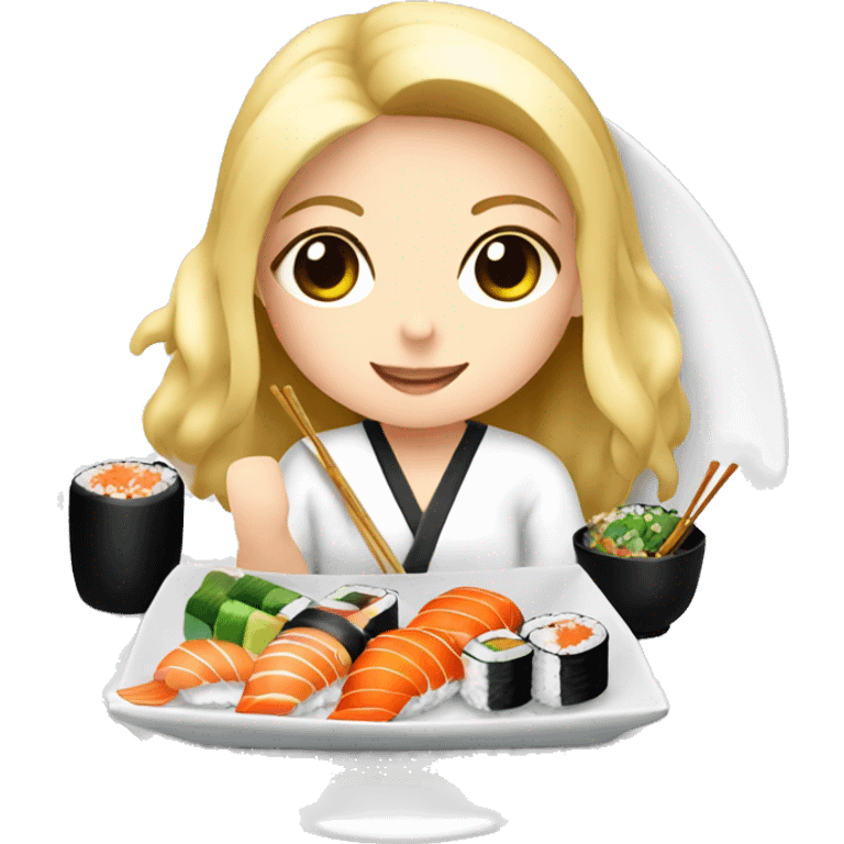 cute plate of sushi and a blonde girl eating it emoji