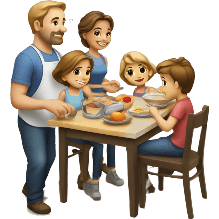 Caucasian family of 8 members preparing breakfast at kitchen  emoji