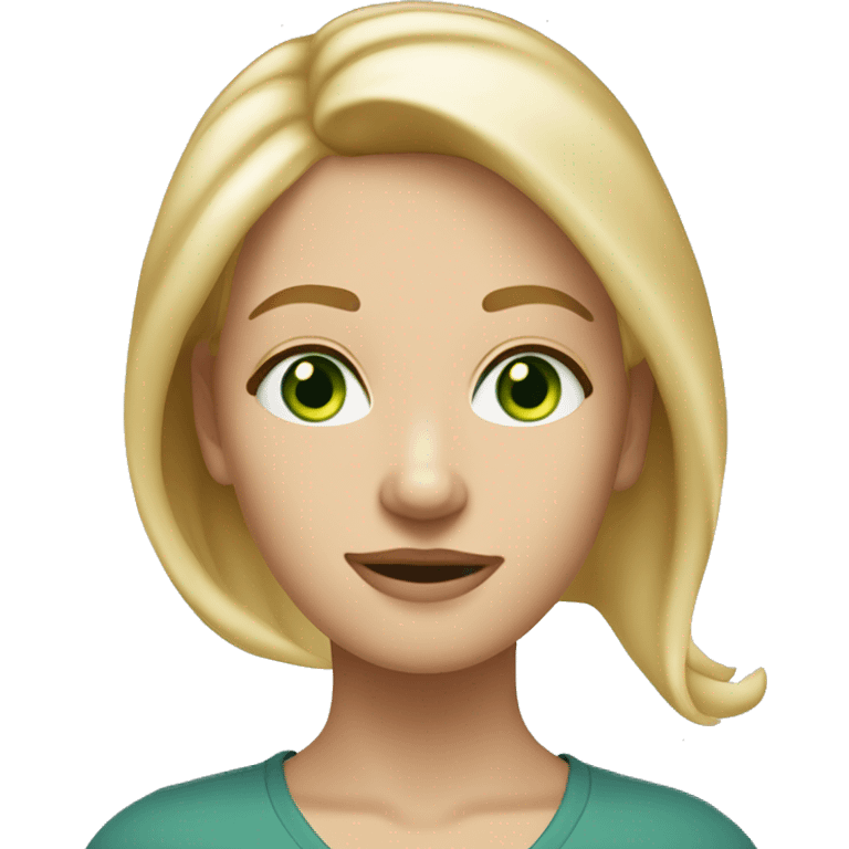 A tall slim mid length blonde haired woman with a central parting with bluey green eyes, a freckle on the right cheek and quite a round face emoji