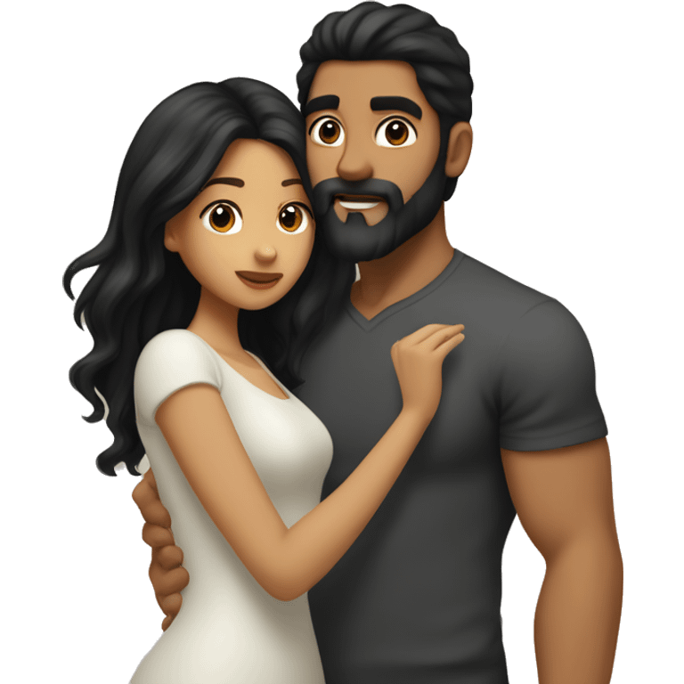 Medium skinned toned short bearded man with black hair kissing medium skin toned girl with black long hair emoji