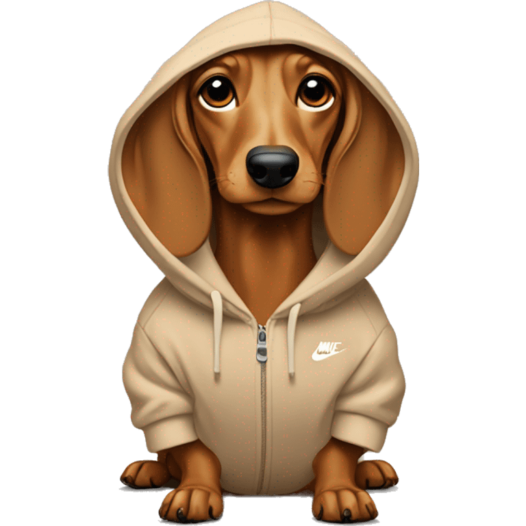 Dachshund wearing a beige hoodie with Nike Logo  emoji