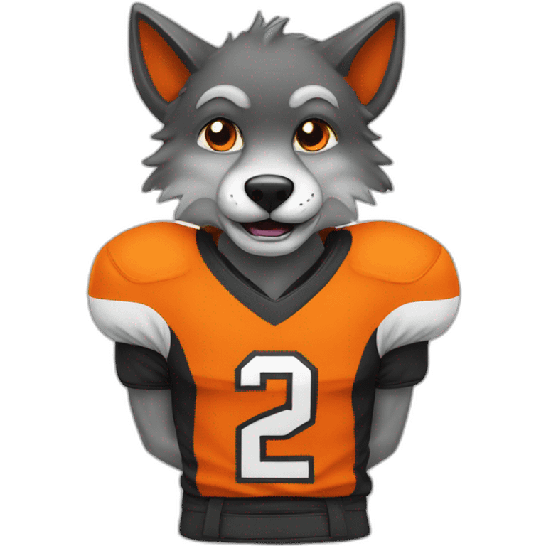 Mascotte de loup footballeur en orange et noir emoji