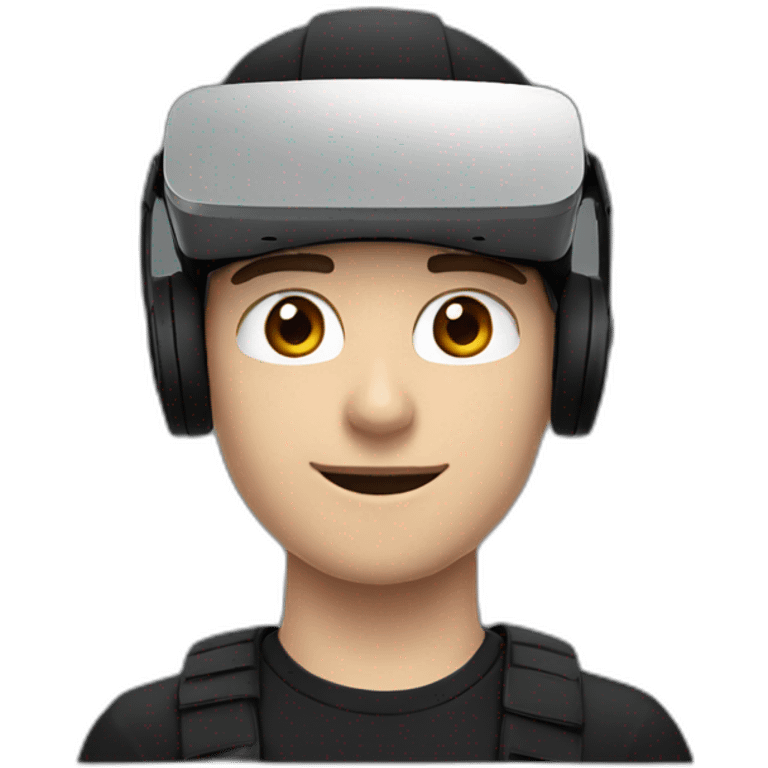 A white 19 year old guy, in a beanie, wearing a VR headset, in a black outfit with dark red accents emoji