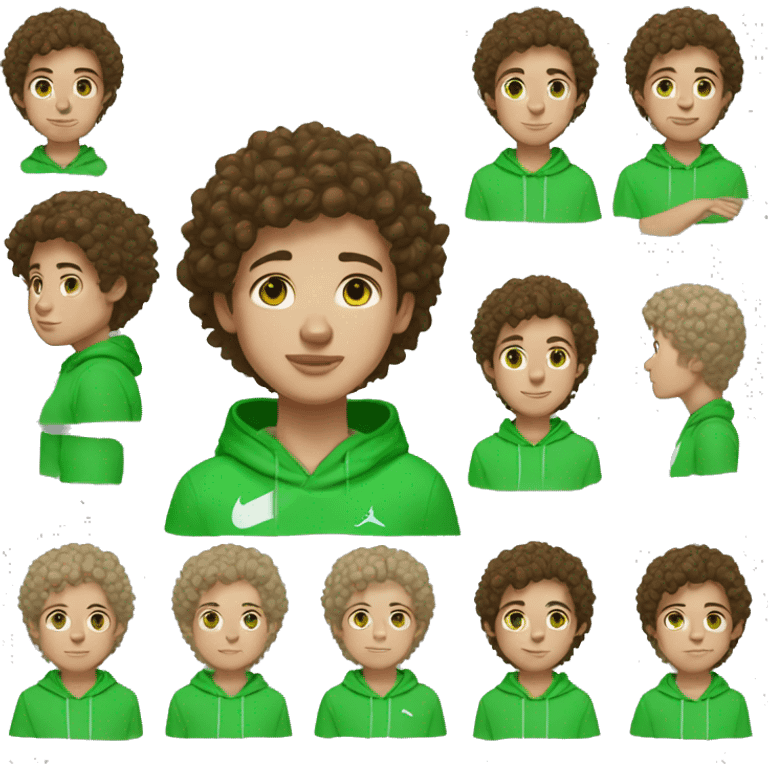 Boy White skin ans sole freckles, brown eyes brown hair with a green nike hoodie emoji