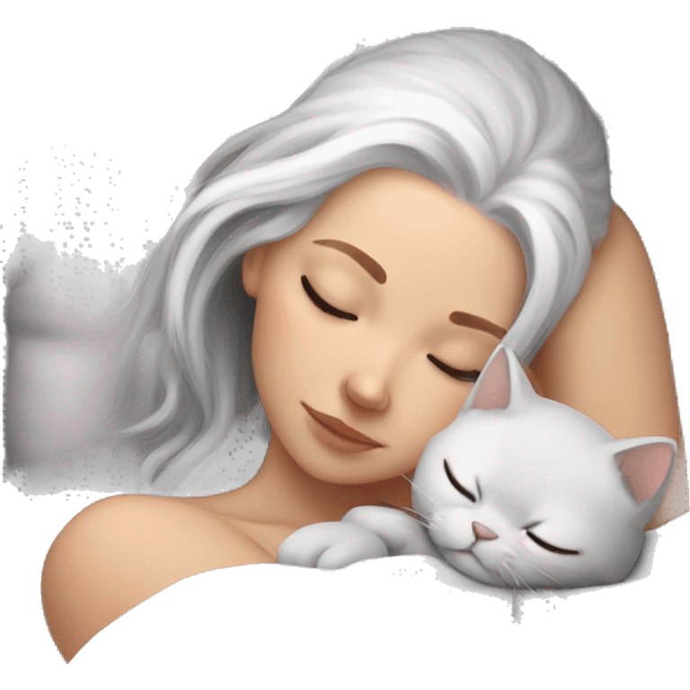 White girl White hair sleeping with gray kitty emoji