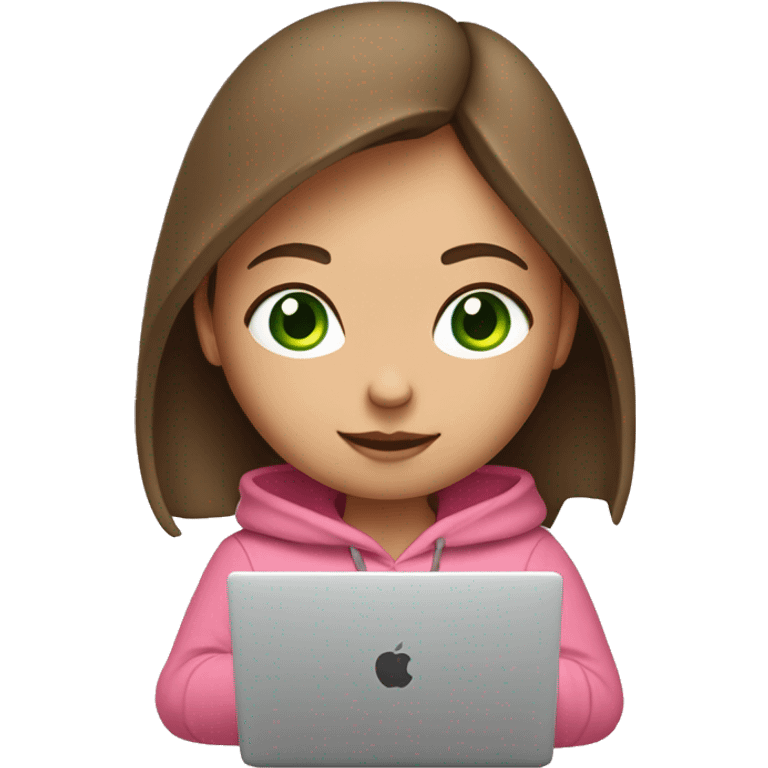 A girl with brown long hair, fair skin and green eyes, working at a modern laptop in a plain pink hoodie emoji