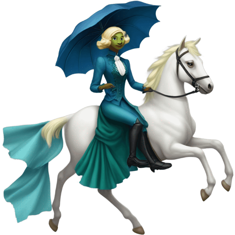 "galora green blonde alien woman" in blue Victorian dress elegant, full body, on pegaso emoji