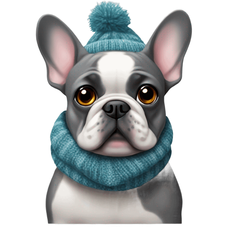 gray French bulldog in christmas knitted scarf emoji