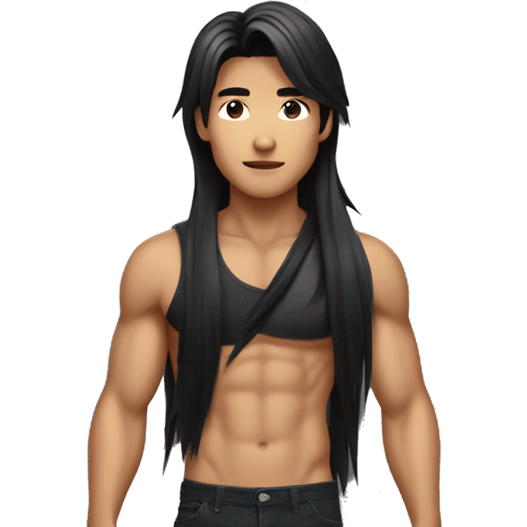 Model Long hair Asian man with abs holding black cat emoji