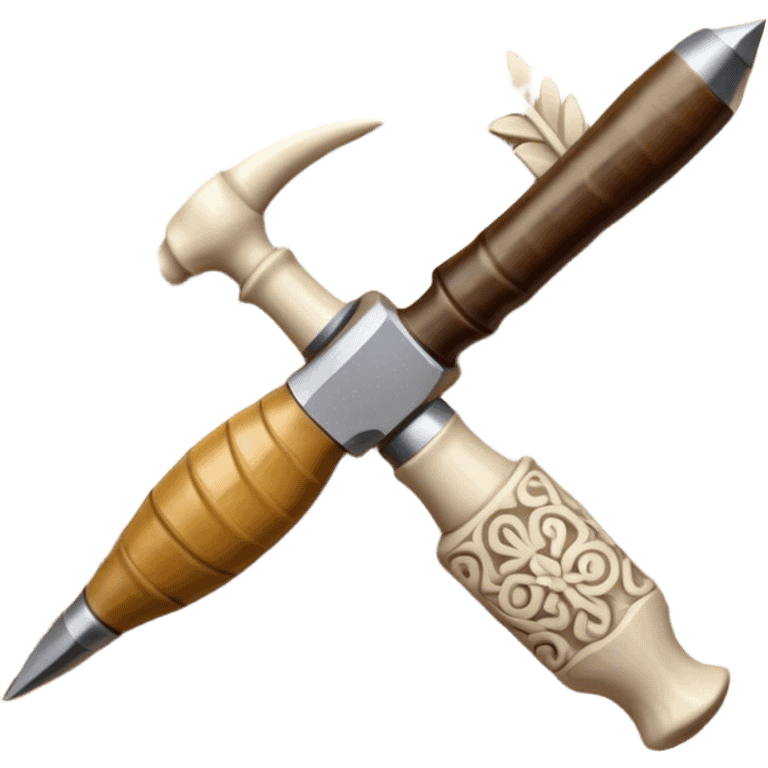 Carving icon, stone, bone, and horn being carved with chisels, fine detailed patterns visible, carving tools like chisel, minimalistic style, clean lines, transparent background. emoji