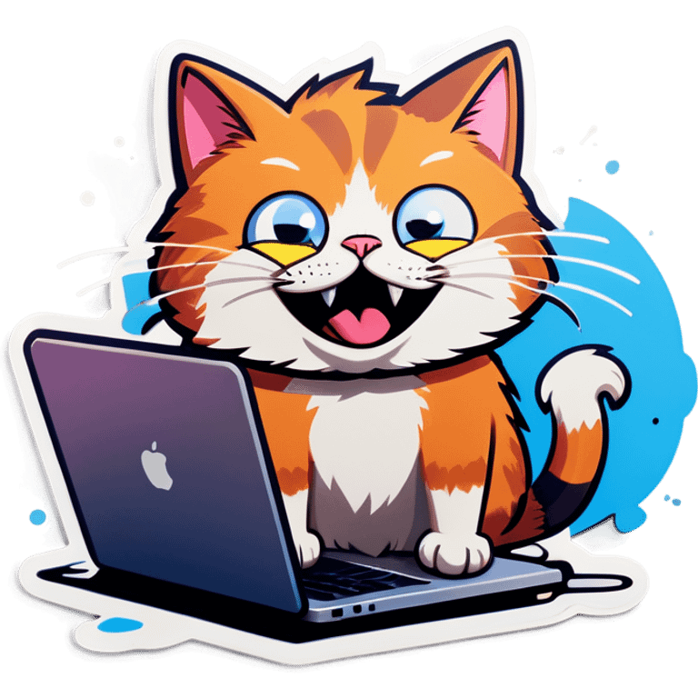 A cartoon-style sticker of a cat that has worked too much and gone crazy. The cat has messy fur, wide, manic eyes with dark circles, and a crazed grin. It sits at a tiny desk with scattered papers, a cracked coffee cup, and a flickering laptop. Its tail is twitching, and there are small motion lines around its head to show stress. The design is colorful, exaggerated, and expressive, perfect for a sticker. The background is minimal or transparent to focus on the cat’s chaotic energy. emoji