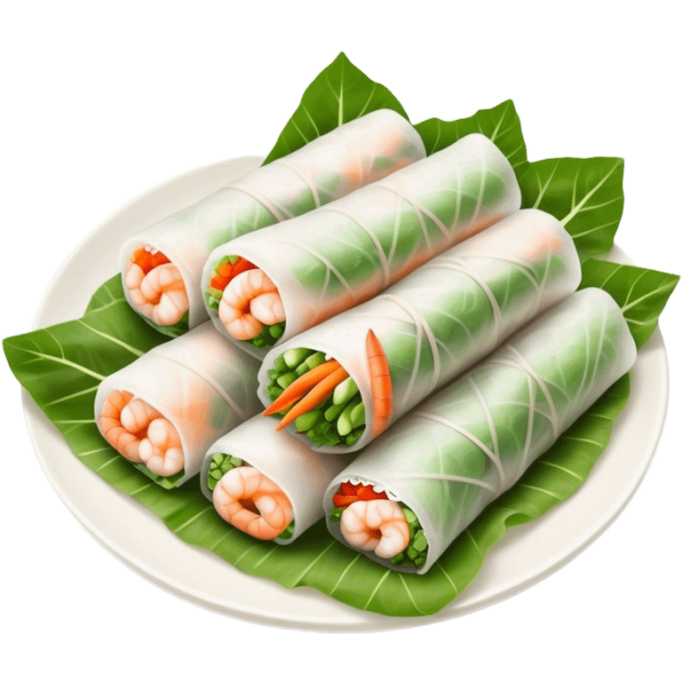 Cinematic Realistic Vietnamese Summer Rolls Dish Emoji, depicted with delicate rice paper wraps filled with fresh vegetables and shrimp rendered with crisp textures and refreshing lighting. emoji