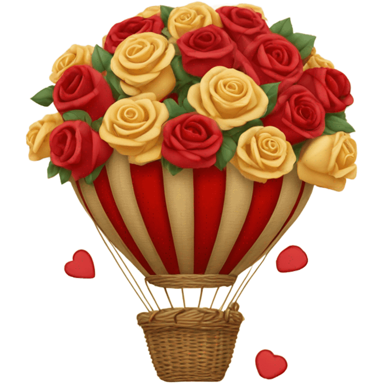 red hot air balloon and beige basket with roses emoji