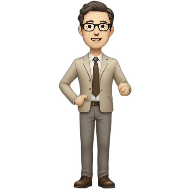 Full height Gesticulating Pale skinned fit man with dark brown hair in gray jacket, beige office shirt, brown tie, brown pants and vintage glasses. emoji