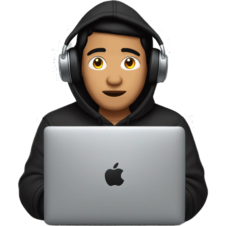 A Filipino Guy wear a black hoodie and ear pods with a Mac Book laptop in front of his face. emoji