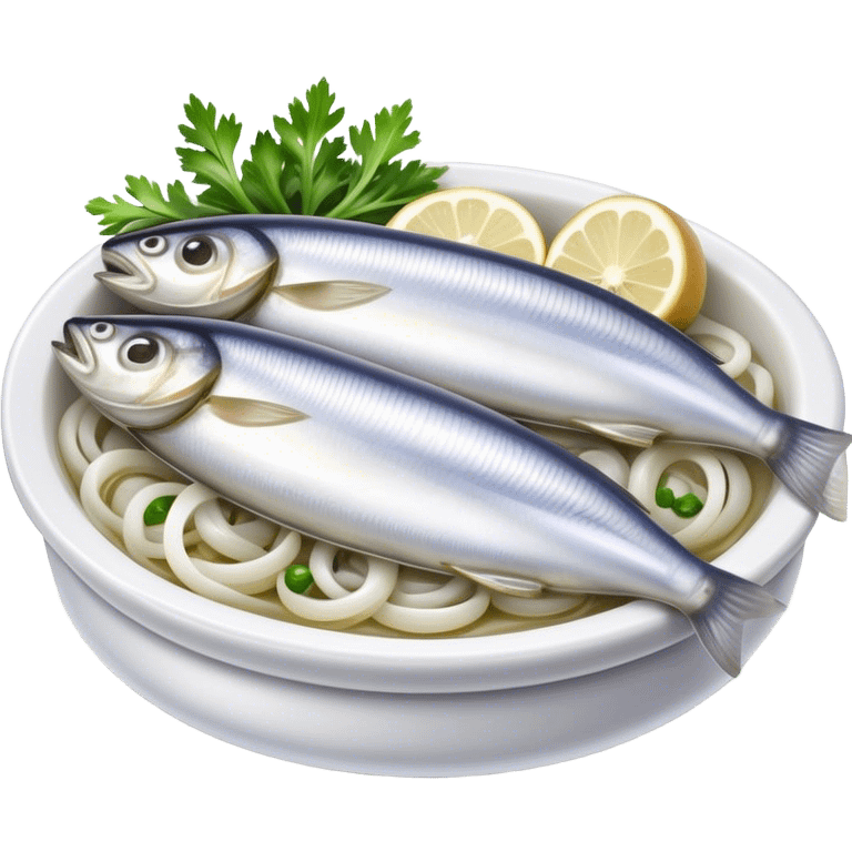 Cinematic Realistic Herring Dish Emoji, showcasing a traditional preparation of fresh herring with onions rendered with lifelike detail and cool, crisp lighting. emoji