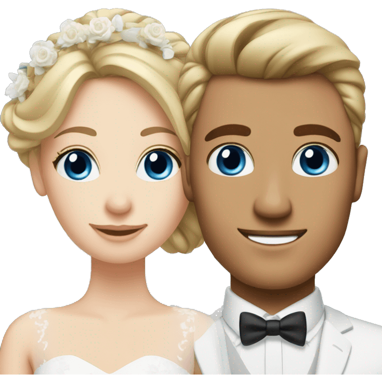 bride blue eyes and blonde hair up, groom brown eyes and brown hair emoji