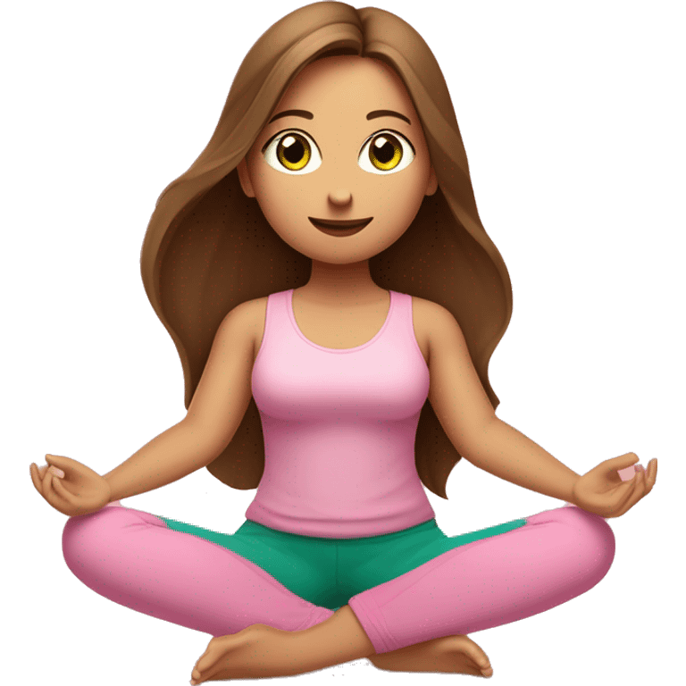 A girl with brown long hair, fair skin and green eyes is meditating in a relaxed lotus position in a comfortable pink top and pink leggings emoji