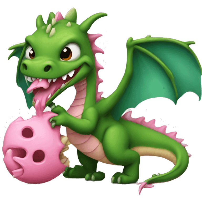 a pink baby dragon bites a old green dragon emoji