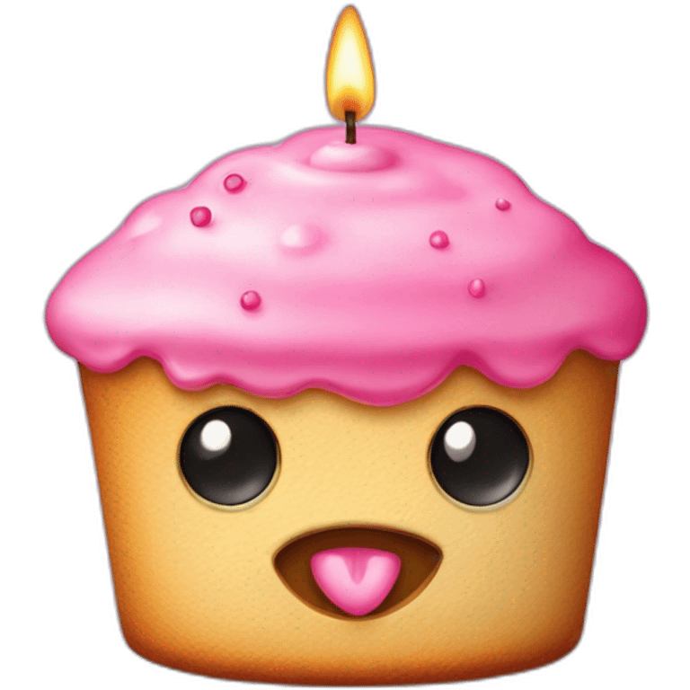 Pink small puncake with candle, and two eyes, two protruding teeth. emoji